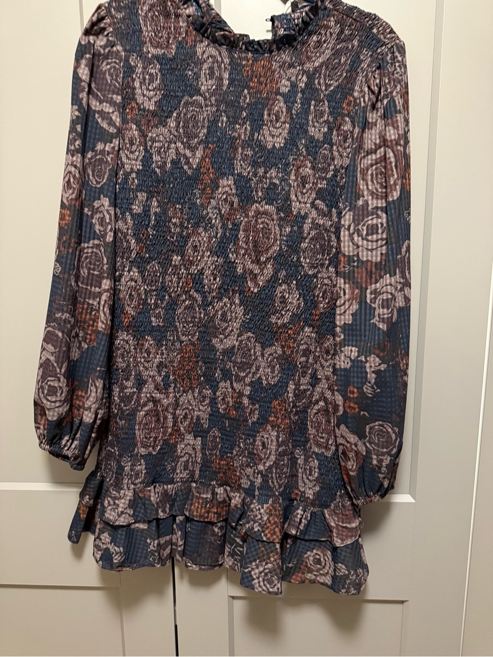 Zara Navy Blue and Brown Floral Smocked Dress